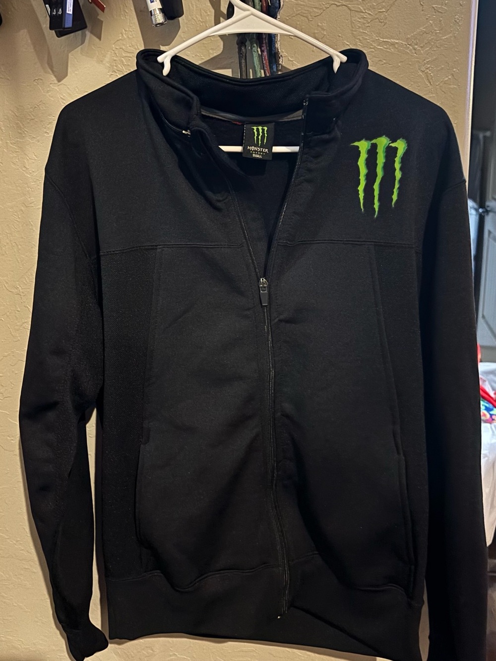 Monster Energy Jacket Men’s Small Black Full Zip Racing MISSING HOOD